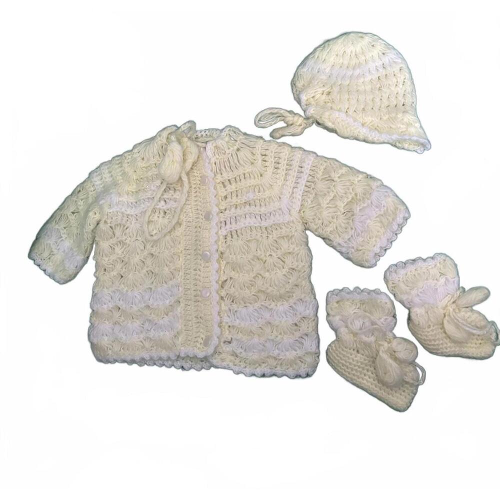 Vintage Crocheted Yellow and White 3 Piece Newborn Set 1970s